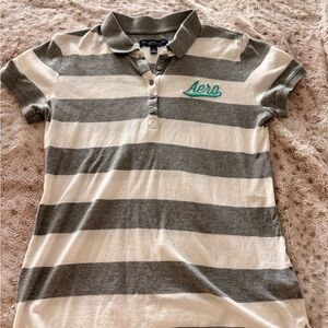 Aeropostale Gray & White Striped Polo with Teal Aero Script